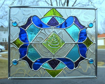 Kiwi Green, Sapphire Blue, Sky Blue and Purple Stained Glass Panel