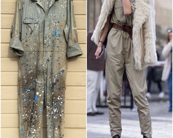 Big Mac Vintage Herringbone Jumpsuit Paint splattered coveralls Destoyed Work Wear Suit Pants Blue Twill Jumper Romper Flight Suit Haute