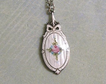 Antique Art Deco 1920's Sterling Enamel Pendant Necklace With Sterling Chain; Antique Guilloche Enamel Pendant Necklace (#3144)