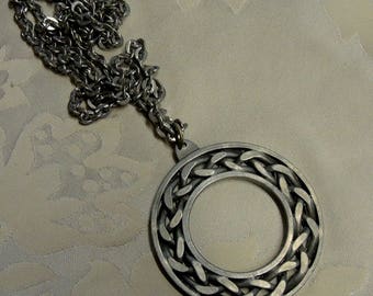 Vintage Circle Pendant Necklace, Mid Century Pendant, Extra Long Pendant, Midcentury Pendant