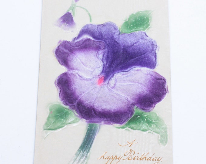 Flocked Purple Pansy Birthday Postcard Antique Vintage