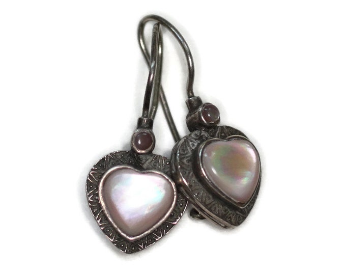 MOP Shell Heart Earrings Sterling Silver Pierced Lever Back Vintage Dangle
