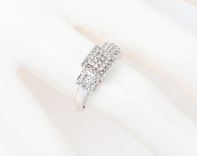 Pave Diamond Sterling Ring Stepped Design Art Deco Style Heart Detail Vintage