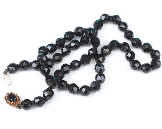 Faceted Black Glass Bead Necklace 19 Inches Fancy Clasp