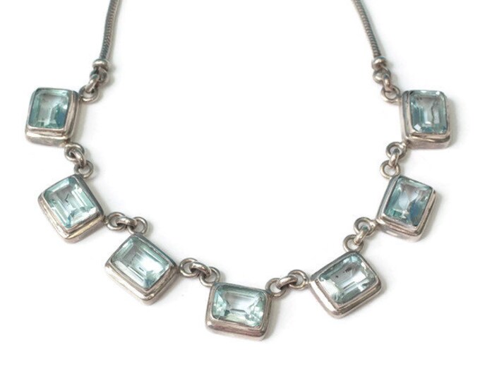 Blue Topaz Sterling Silver Necklace Art Deco Style Choker Length
