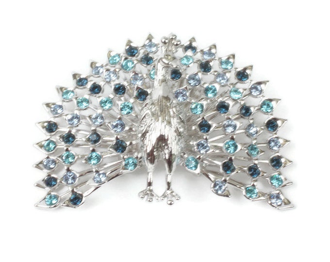 Rhinestone Peacock Brooch Light and Dark Blue Vintage