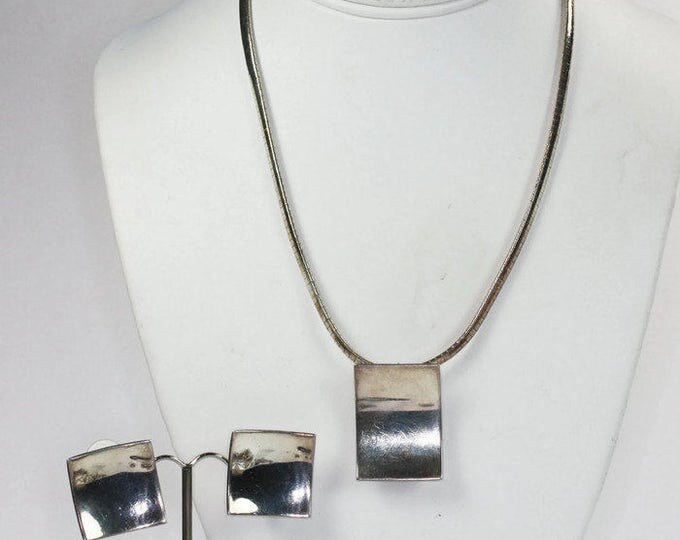 Modernist Sterling Necklace Earring Set Serpentine Chain Italy Slide Pendant Concave Vintage