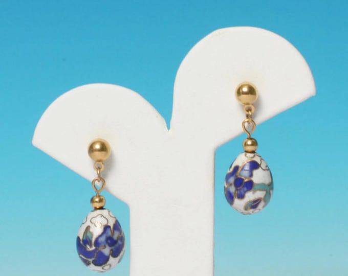 Cloisonne Porcelain Dangle Earrings Egg Shaped Blue and White with Posts Vintage