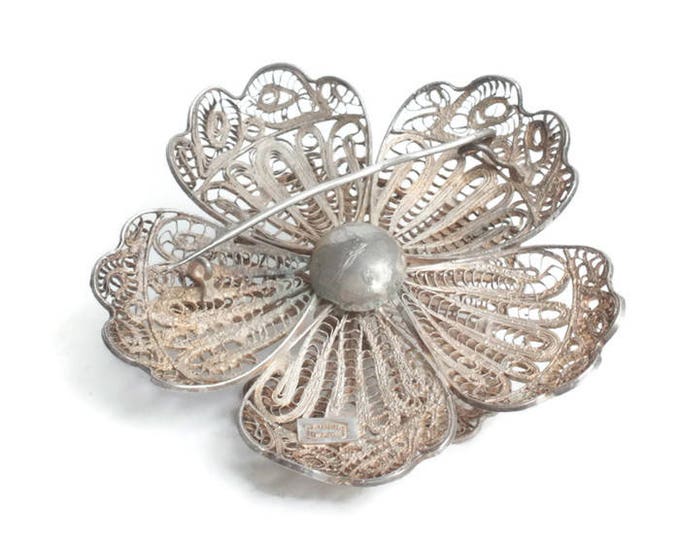 Sterling Silver Filigree Flower Brooch Mexico Dimensional Design Vintage