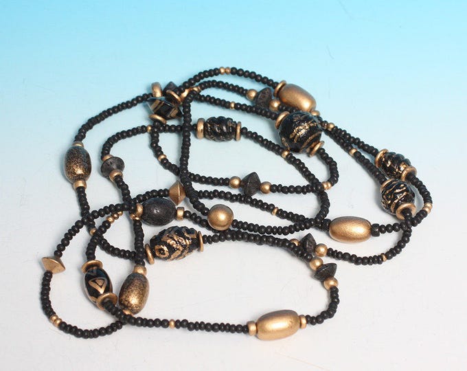 Black Bead Necklace Gold Painted Wooden Beads 60 Inch Long Boho Bohemian Vintage