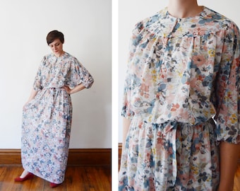 1970s Sheer Blue Floral Maxi Dress - M