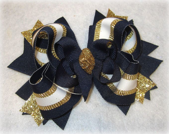 Nautical Hair Bow, Gold Hairbow, Glitter nautical bow, Girls boutique bow, Navy Gold bows, Boutique hairbow, Large bows, summer hair bows