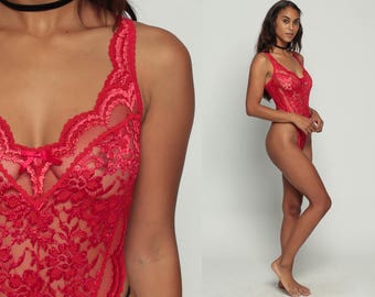 Lingerie Bodysuit THONG Lace Teddy 80s HIGH CUT Red Sheer Teddie Romper One Piece Romantic Vintage 90s Sexy Leotard Medium