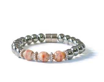 Magnetic Hematite Therapy Bracelet with Peach Czech Glass Beads, Arthritis Jewelry