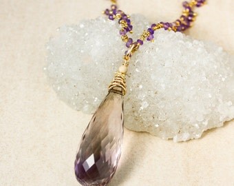 Gold Purple Ametrine Teardrop Necklace on Purple Amethyst Chain - Layering Necklace