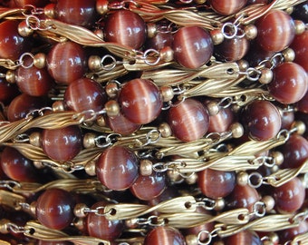Vintage Cateye Glass & Brass Beaded Chain Length • by the Foot