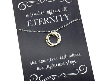 Teacher appreciation Gift, Two Tone infinity circles rings - carded with message "A teacher affects all eternity..." teacher thank you