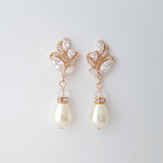 Rose Gold Wedding Earrings Pearl Bridal Jewelry Cubic Zirconia