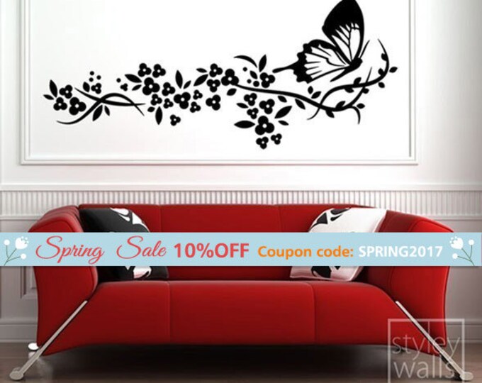Butterfly Wall Decal, Butterflies Wall Decal, Branch Butterfly and Flowers Wall Decal for Baby Nursery Decor, Butterfly Wall Sticker
