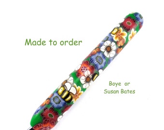 Crochet Hook, Susan Bates or Boye Polymer Clay Covered Crochet hook, Flowers, Bees, and Butterfly