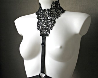 Regina harness goth victorian lace collar choker adjustable cage bra top