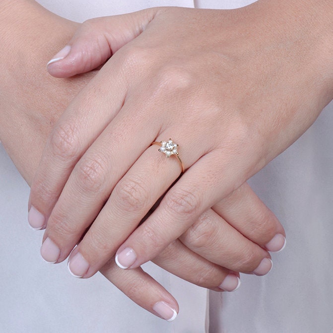 Delicate Engagement Ring Pearl Diamond Ring Engagement Ring