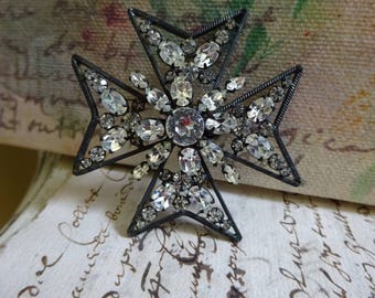AMAZING X-Large Vintage Maltese Cross Brooch - Clear Rhinestone - Signed Schreiner New York