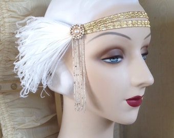 flapper headband with 20's beading, sequined flower vintage rhinestones and white feathers - andromeda in gold- ready to ship