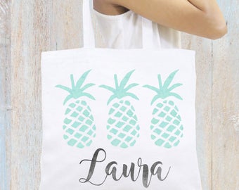 Pineapples Tote Bag Monogrammed Personalized Tote Bag, Bridesmaid Gift Monogrammed Gift, Personalized Beach Totes Personalized Book Bag