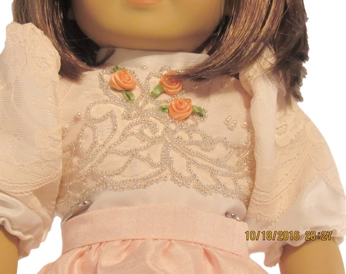Collectable Hand beaded Victorian set in Peach and blouse and long skirt with bustle fits 18 inch dolls