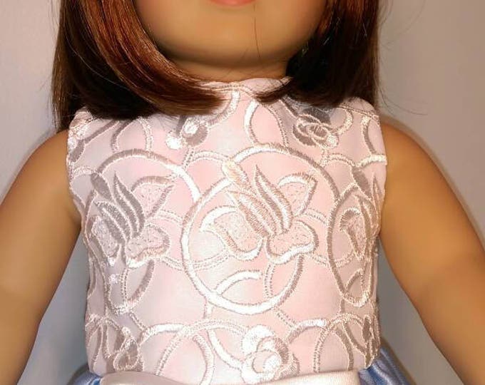 Blue satin summer party doll dress with white lace bodice fits 18 inch dolls