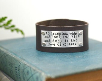 Leather Cuff, Bracelet, Love Of Christ, Engraved Jewelry, Handstamped