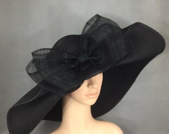 Black Kentucky Derby Hat with big Sinamay Bow,Derby Hat,Dress Hat Wedding Hat Wide Brim Hat Tea Party Hat Ascot