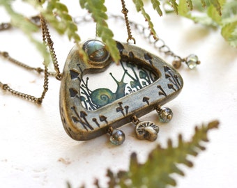 Snail Necklace, Mushroom Art Pendant, Faerie Woodland Miniature Painting, Gold Mushroom Necklace, One of a Kind, Snail Jewelry Toadstool Art