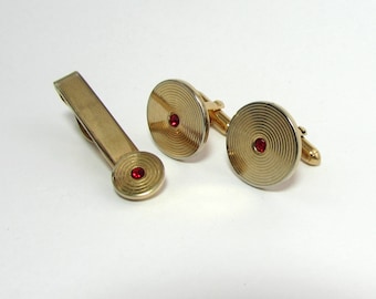 Vintage Swank Cufflinks and Tie Clip - gold tone with red glass stone - ca 1960s