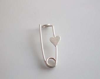 Handmade Safety Pin Brooch in Sterling Silver with Heart Emblem / Small Brooch Pin / Solidarity Pin / Handmade Heart Brooch