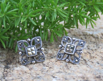 Sterling Silver Vintage Square Shape Earrings, 925, Valentines Day Gift, Everyday Wear, For Pierced Ears.