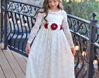 lace girl dress, flower girl dress, flower girl lace dresses, long sleeve dress, country lace dress, cream toddler dress, ivory lace dress