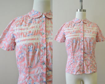 1930s Pink Floral Print Cotton Blouse with Lace