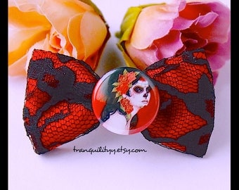 Sugar Skull Hair Bow, Detachable Button, Day Of The Dead Lace Hair Bow, Gothic, Hipster, Scene, Lolita By: Tranquilityy