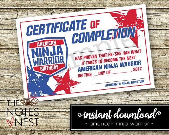 American Ninja Warrior Certificate of Completion Instant