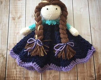 Anna Inspired Lovey/ Security Blanket/ Stuffed Toy/ Plush Toy Doll/ Soft Toy Doll/ Amigurumi Doll/ Frozen Doll- MADE TO ORDER