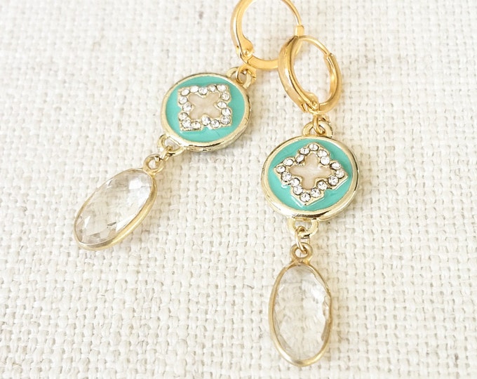 Turquoise Earrings, Gold Turquoise Earrings, Gold Turquoise Crystal Earrings, Turquoise Crystal Earrings, Gold Crystal Earrings