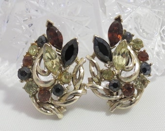 Vintage Signed Coro Black and Brown Crystal Clip On Earrings