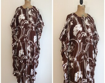 Vintage 1970s Hawaiian Caftan 70s Two Potato Floral Maxi Dress