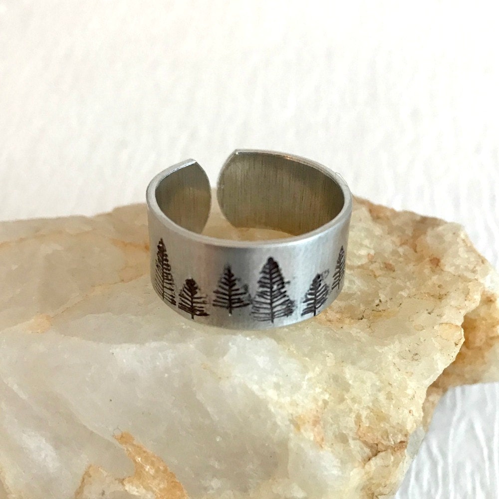 Pine Tree Ring hand stamped forest mountain aluminum sterling