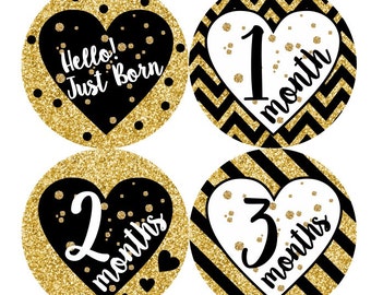 Baby Month Stickers, Monthly Baby Stickers, Baby Girl First Year Stickers, Baby Milestones, Monthly Sticker, Glitter Gold Black Heart 162G