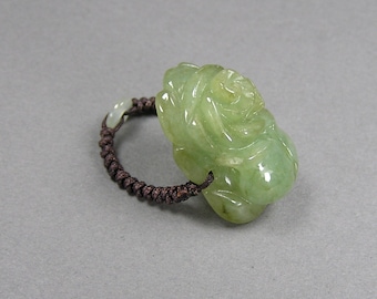 Carved Nephrite Ring, Jadeite Ring, Macrame Band, Statement Ring, Size 8, Green Rose, Vintage Chinese Jewelry, Boho, Hippie