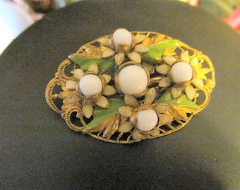 Signed Czechoslovakia Oval Brooch Pin White and Green Enamel Flowers, Filigree