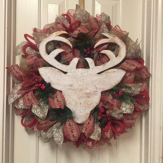 Items similar to Deco Mesh Christmas Deer Wreath, Christmas Burlap ...